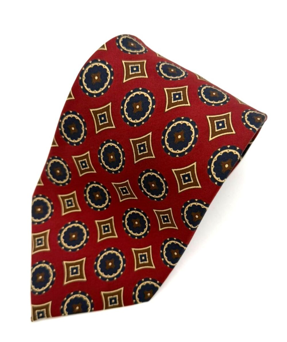 Roundtree & Yorke Men's 100% Silk Tie Handmade in Italy Red Geometric Medallion